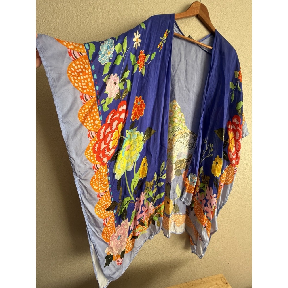 Margot Elena Peacock Kimono Wrap 100%Bemberg Artsy Vibrant Oversize Lagenlook OS - Picture 3 of 8